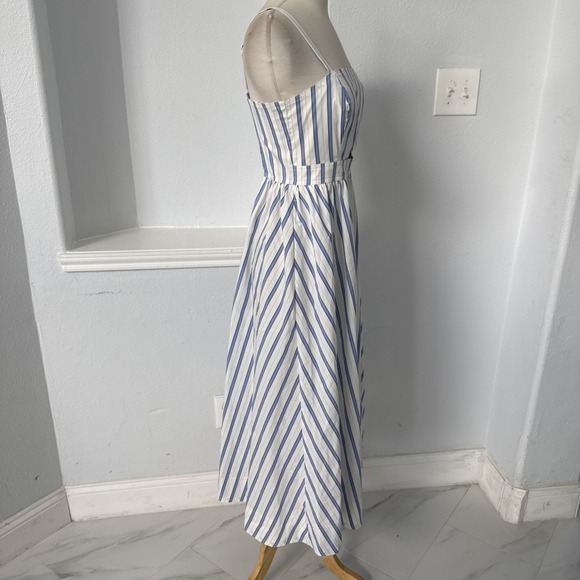 Nine West Midi Dress XS Blue White Stripe Cutout Smocked Back Coastal Beachy - Picture 4 of 15
